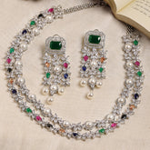 Multi Stone Double Layered Long Necklace with Matching Earrings